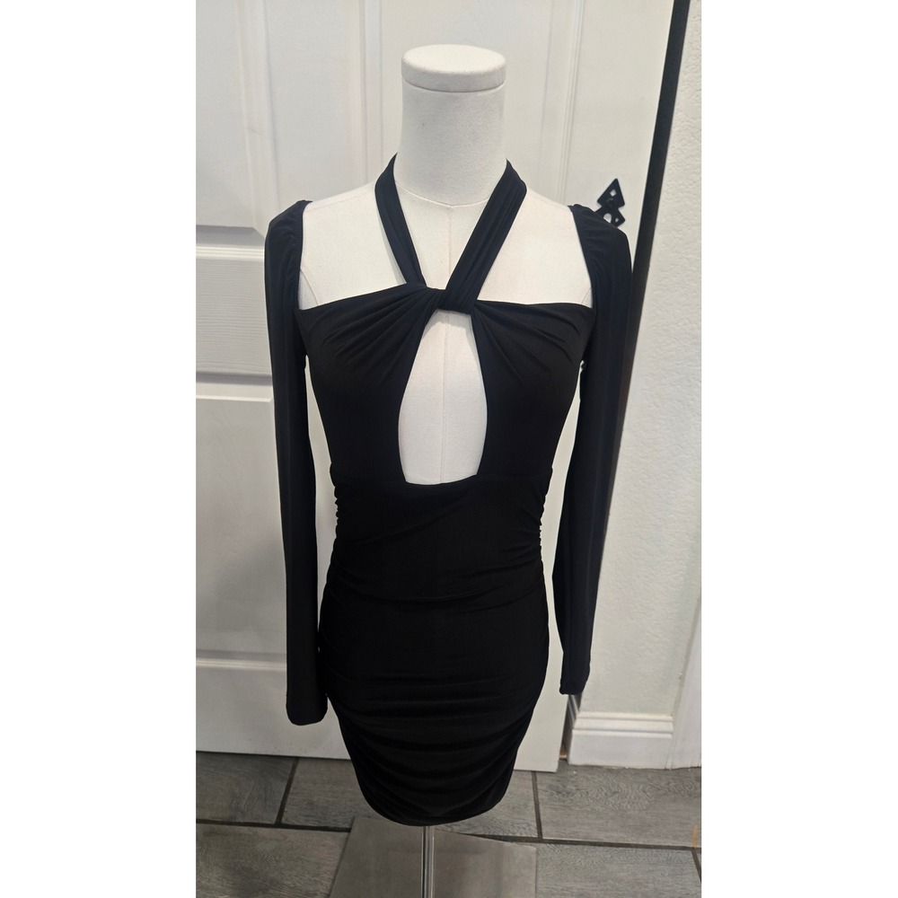Tresser Black Halter Keyhole Cutout Ruched Bodycon Mini Dress Long Sleeve Small